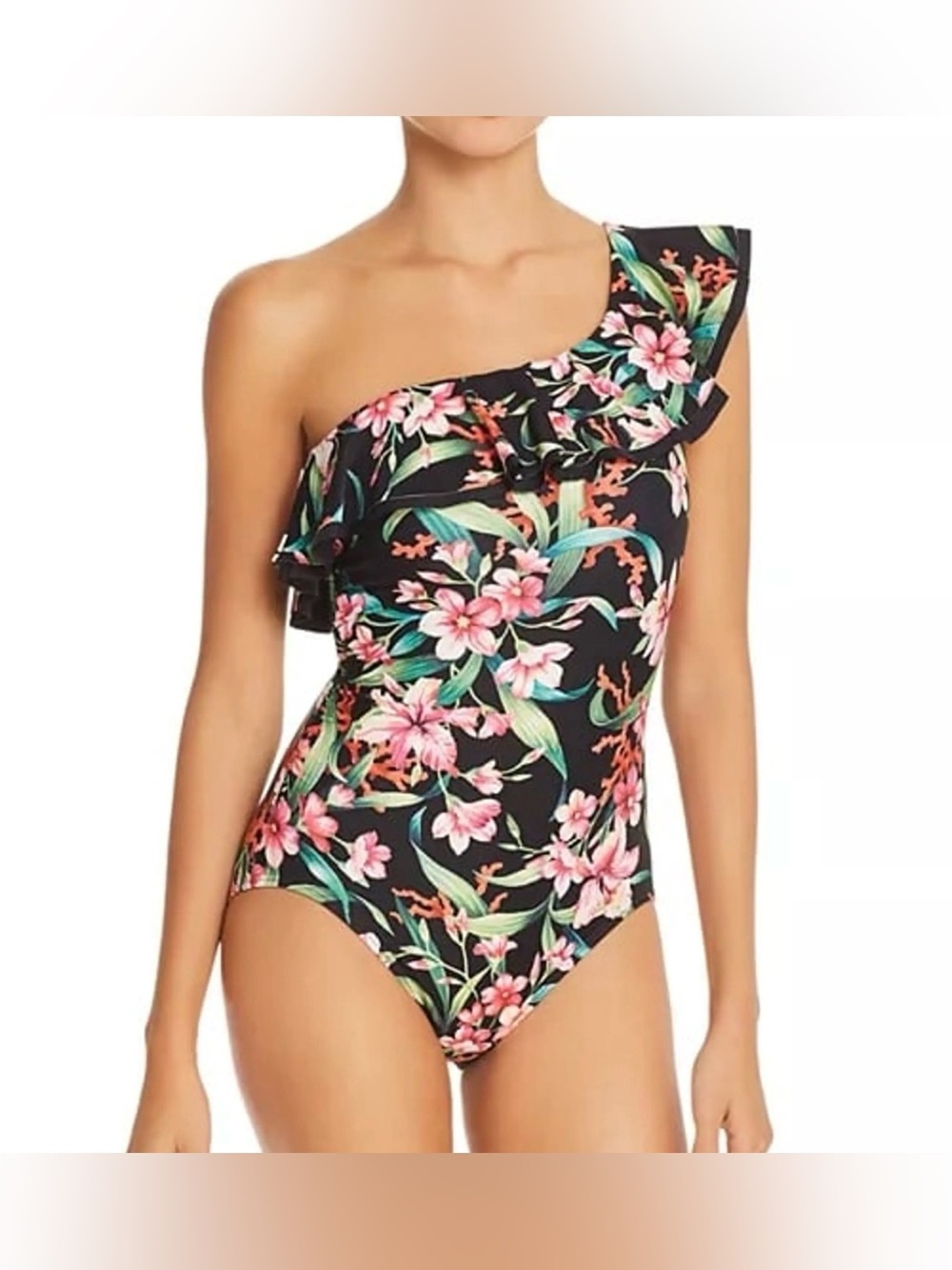 Carmen Marc Valvo Black Floral Swimdress with Pink & Green Blooms